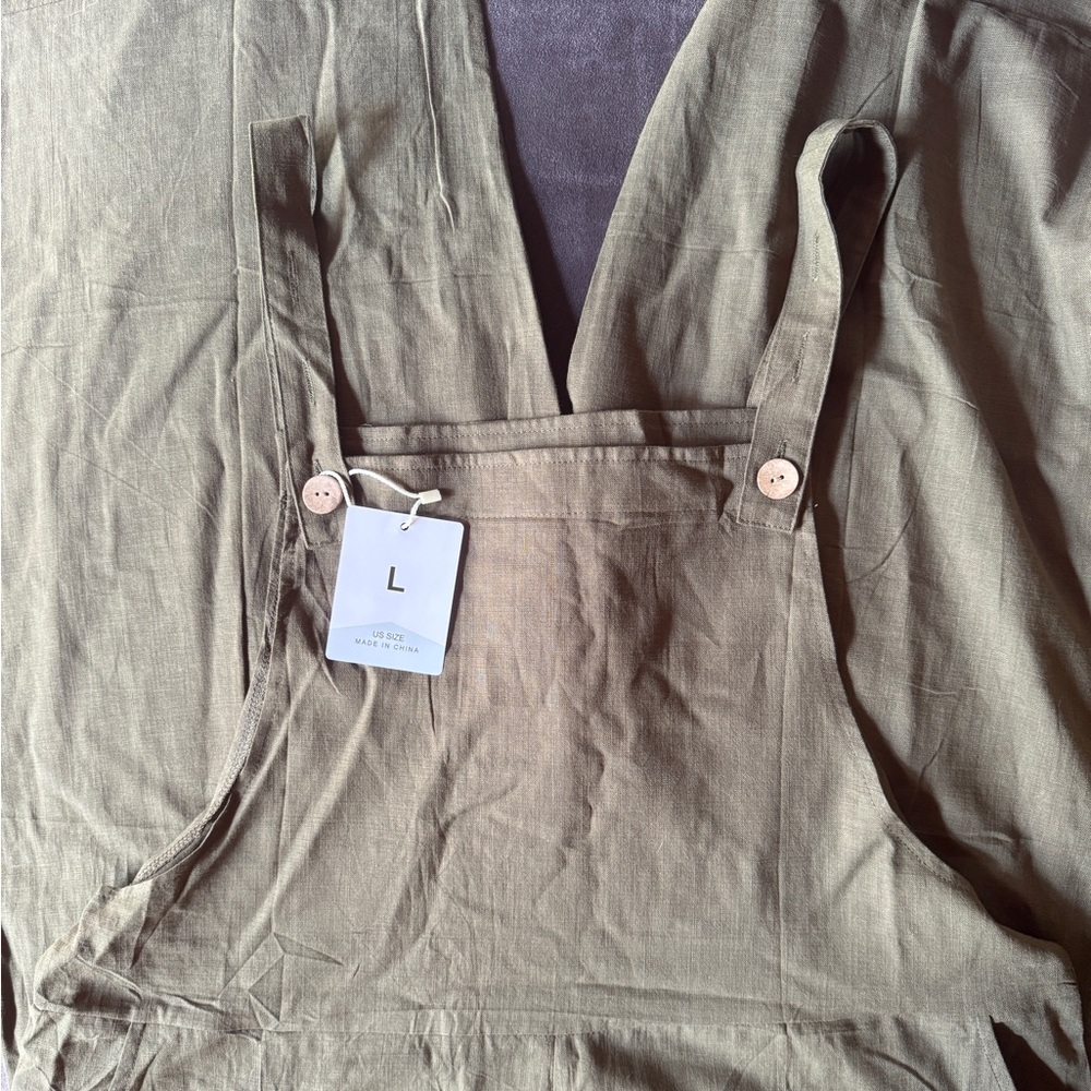 olive green linen overalls with button straps
